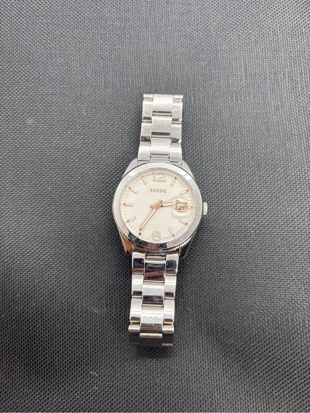 Fossil Silver Watch with White Dial and Rose Gold Accents